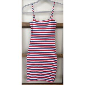Patriotic Striped Ribbed Bodycon Mini Dress - Red White Blue - Size US 2